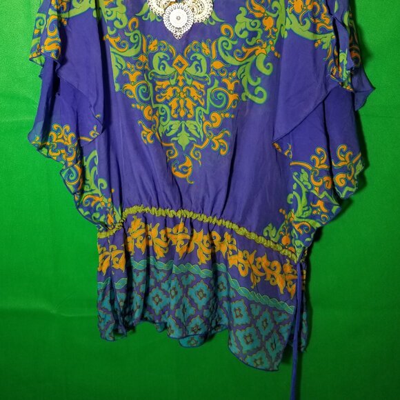 Hale Bob Womens Small Cold Shoulder Blouse Silk Boho Festival Green Blue - Picture 2 of 7